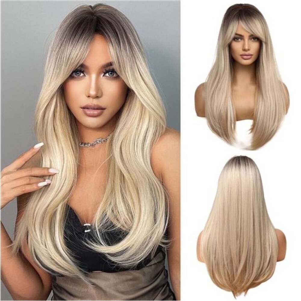 24 Inches Long Straight Ombre Blonde Wig with Bangs